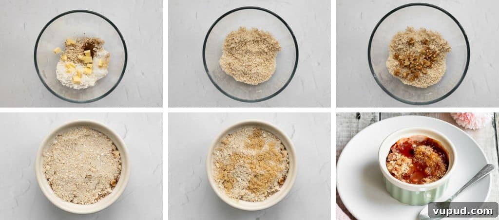 Classic Rhubarb Crumble Recipe with Golden Oat Topping 4 How to make individual rhubarb crumbles step by step