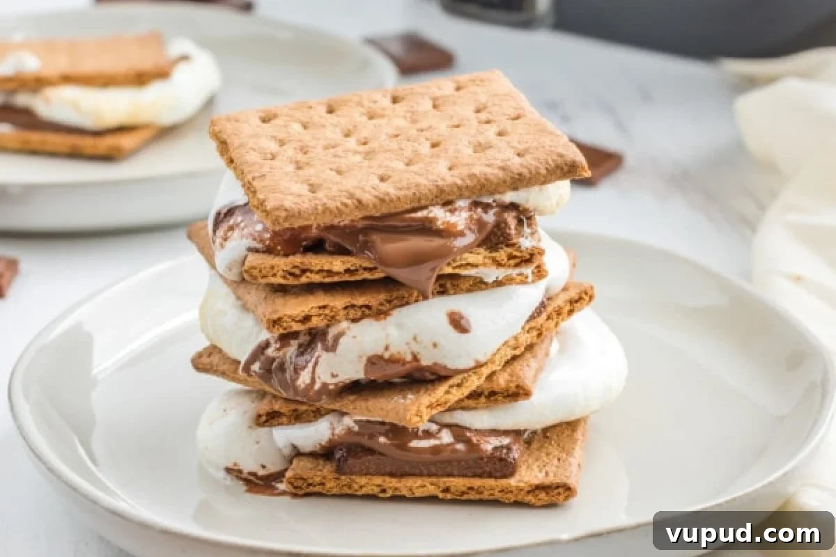 24 Irresistible S'mores Recipes to Enjoy All Year Long 2 A stack of s'mores recipes with melted marshmallows and chocolate between graham crackers.