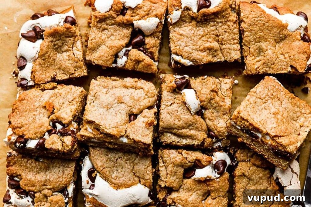 24 Irresistible S'mores Recipes to Enjoy All Year Long 18 S'mores cookie bars cut into squares on a cutting board.