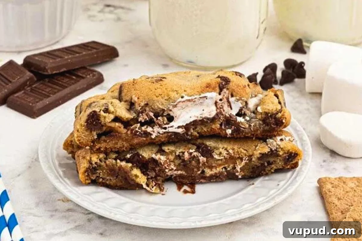 24 Irresistible S'mores Recipes to Enjoy All Year Long 22 A stuffed stack of chocolate cookies on a plate.