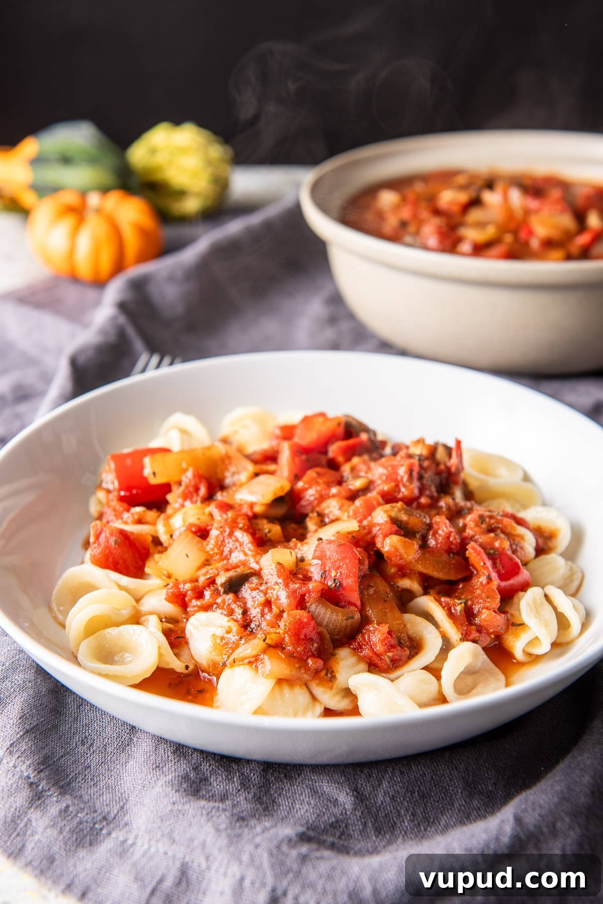 Rich Tomato Gravy Recipe: Savory Red Sauce for Pasta & Biscuits 2 A white deep dish with pasta and red sauce on it with a bowl of the sauce in the back