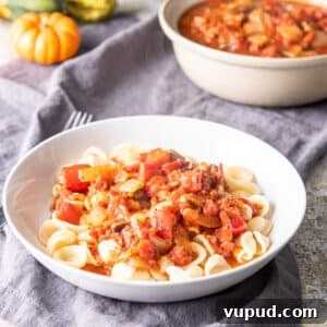 Rich Tomato Gravy Recipe: Savory Red Sauce for Pasta & Biscuits 11 A shallow white bowl filled with pasta and gravy on a grey napkin with a bowl of gravy in the background