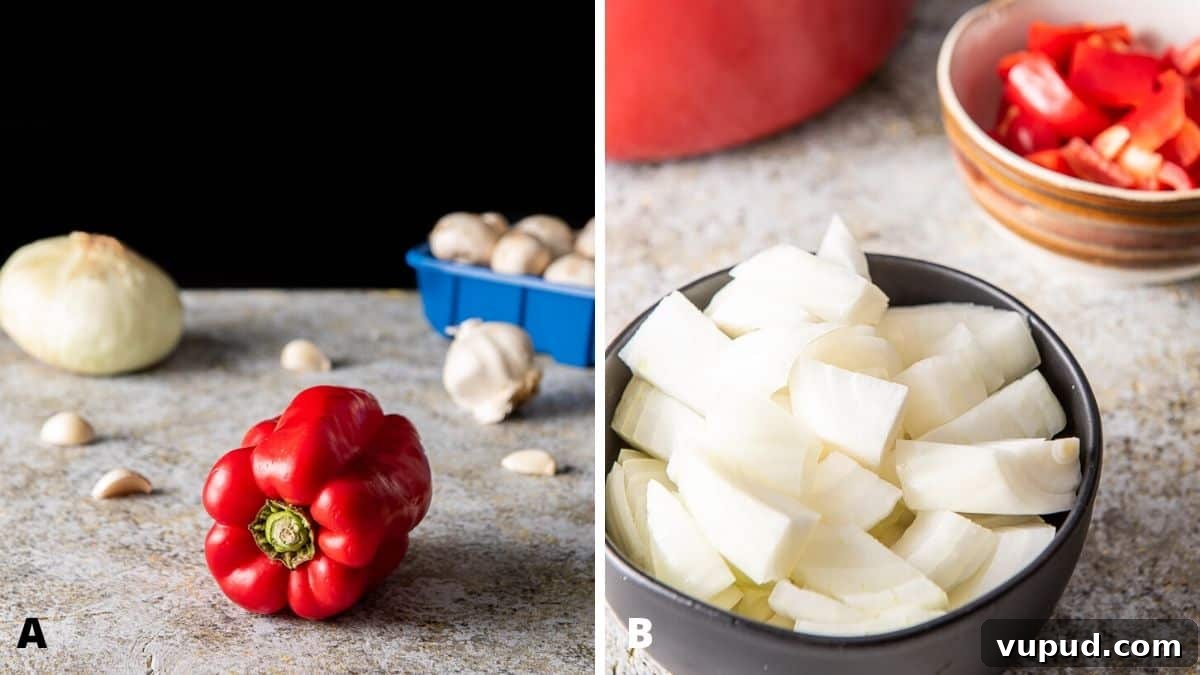 Rich Tomato Gravy Recipe: Savory Red Sauce for Pasta & Biscuits 4 Left photo - red bell pepper, onion, garlic and mushrooms. Right photo, chopped onions in a black bowl and the red bell pepper in a brown bowl