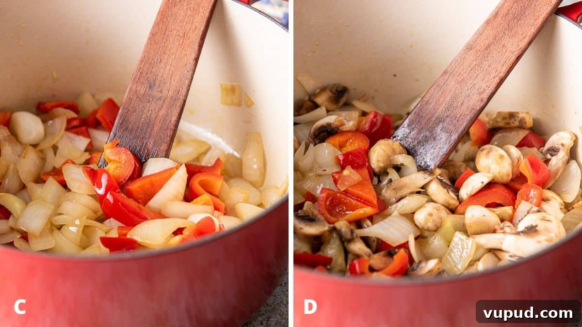 Rich Tomato Gravy Recipe: Savory Red Sauce for Pasta & Biscuits 5 Onions and red bell pepper in the pan, and then added mushrooms