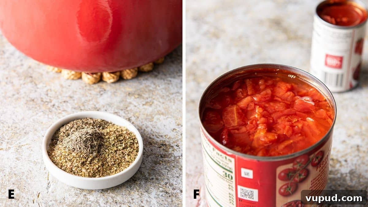 Rich Tomato Gravy Recipe: Savory Red Sauce for Pasta & Biscuits 6 Herbs on a small white dish and open cans of tomatoes