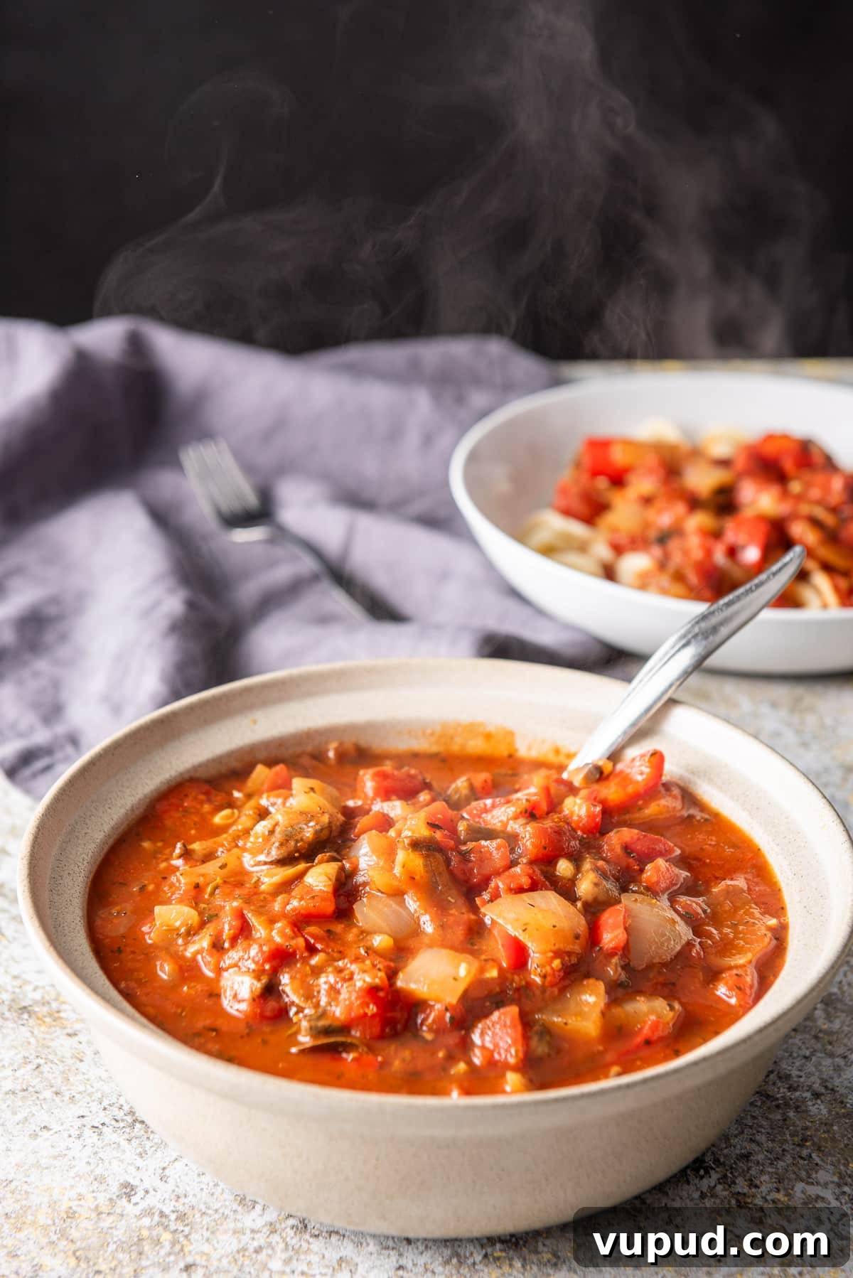 Rich Tomato Gravy Recipe: Savory Red Sauce for Pasta & Biscuits 9 The tomato sauce in a beige bowl and a shallow bowl in the background with gravy on it