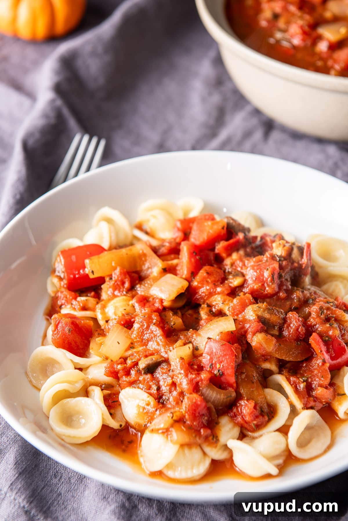 Rich Tomato Gravy Recipe: Savory Red Sauce for Pasta & Biscuits 10 Closer view of the bowl with gravy on pasta. There is a grey napkin and fork in the background as well as the bowl of gravy