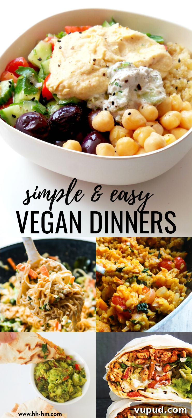 30-Minute Vegan Dinners: 15 Flavorful Recipes for Weeknights 6 10 simple and easy vegan dinner recipes to add to your meal plan! These healthy plant-based recipes are good sources of protein and include lentil recipes, chickpea recipes, tofu recipes, vegan soups, wraps and more.