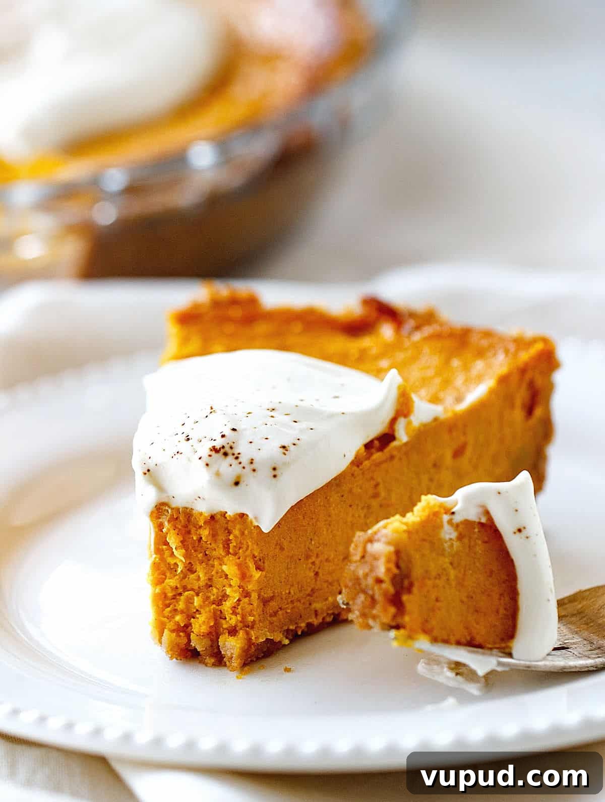 Pumpkin Pie with Graham Cracker Crust Recipe for Fall Baking 2 A single slice of pumpkin pie with cream on top on a white plate, a fork with a bit beside it.