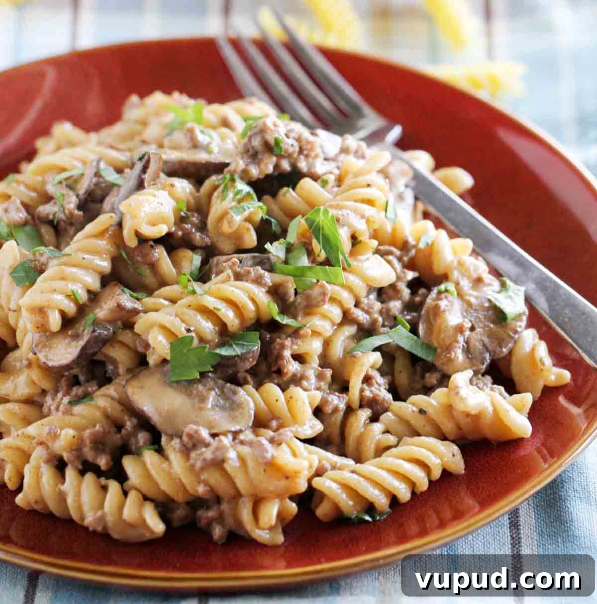 One Pot Ground Beef Stroganoff plate with one pot ground beef stroganoff garnished with parsley