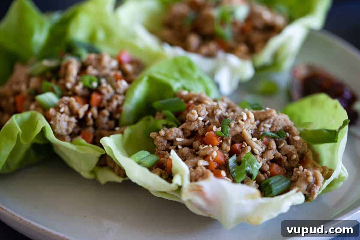 Chicken Lettuce Wraps chicken lettuce wraps on a plate topped with green onions