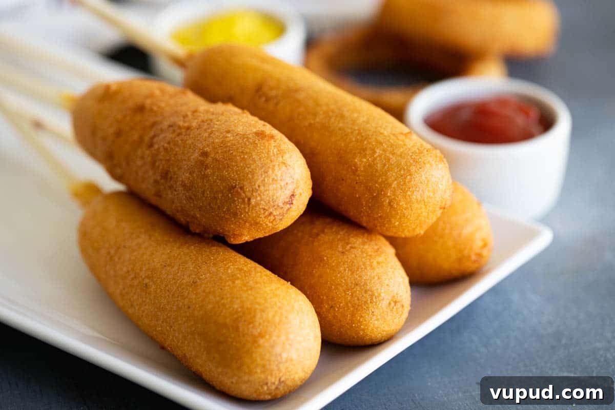 Corn Dog Recipe homemade corn dogs on a plate with ketchup and mustard
