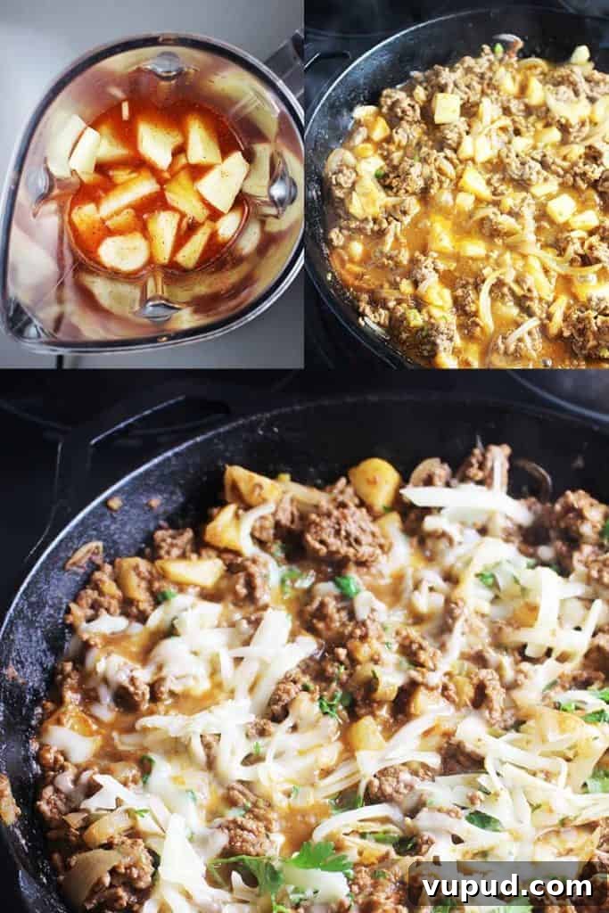 Collage of process shots for making ground beef tacos al pastor style