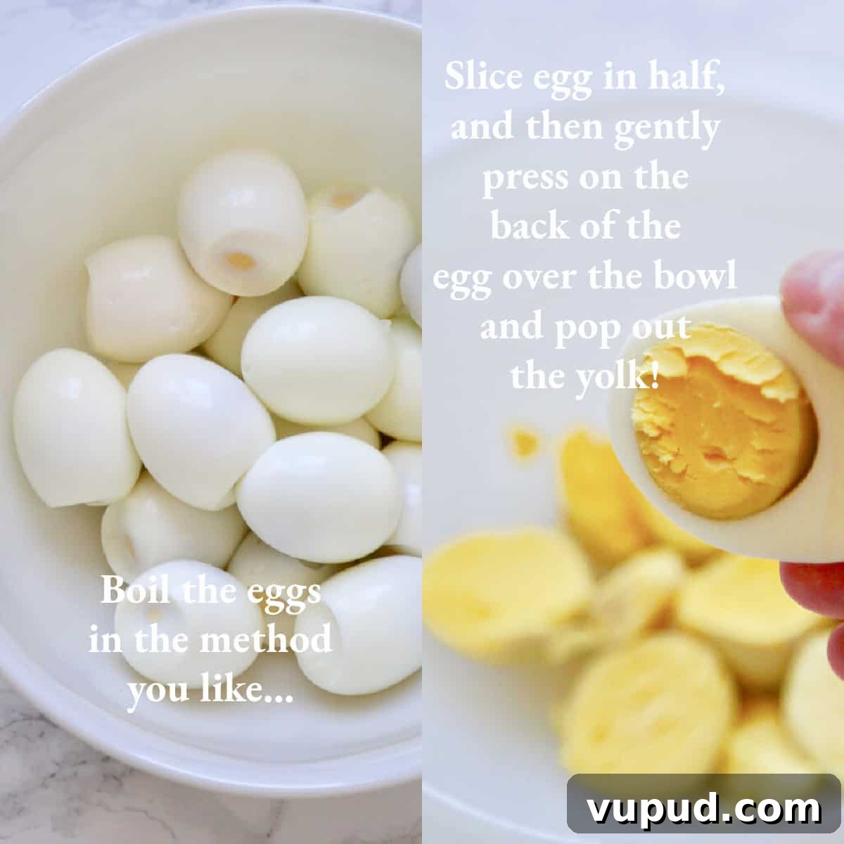 Festive Christmas Deviled Eggs Recipe for Holiday Parties 5 A graphic showing boiled eggs and how to remove yolk from cooked eggs.