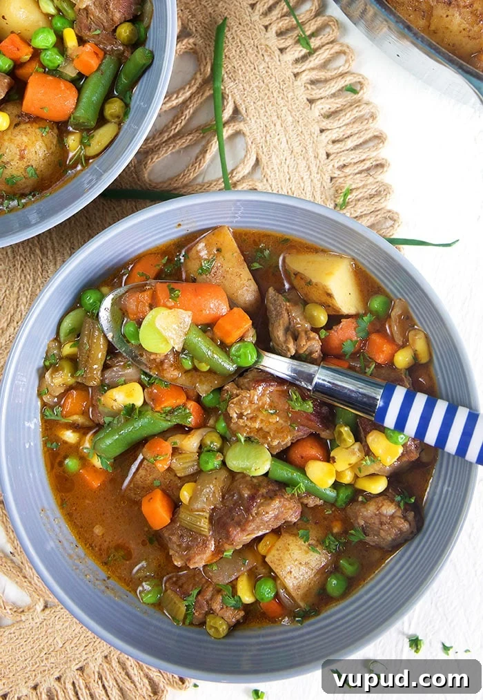 Overhead shot of mulligan stew in a gray bowl with a blue and white spoon in the bowl.