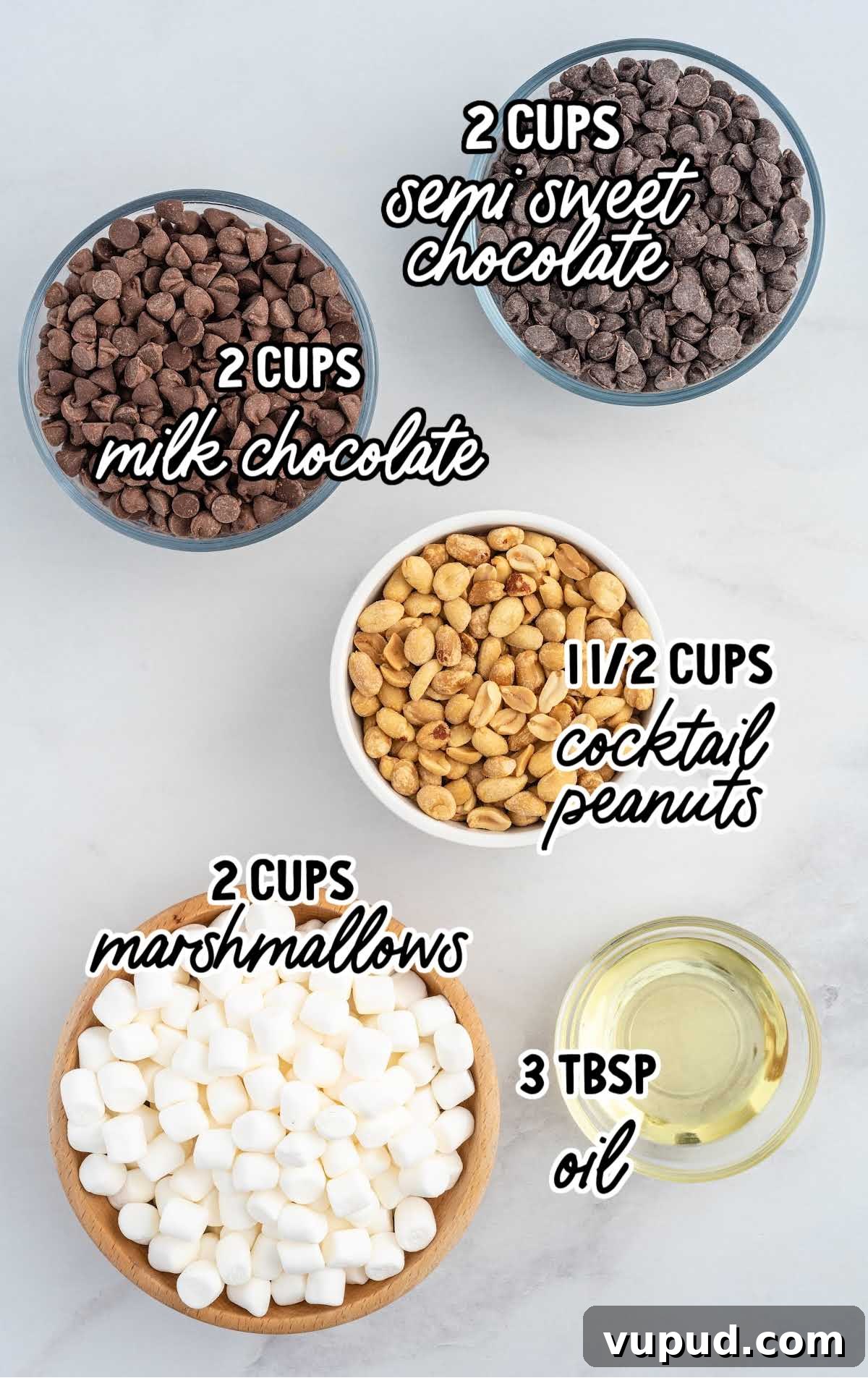 Peanut and Marshmallow Cluster Recipe: No-Bake Candy Clusters 3 Peanut Marshmallow Clusters raw ingredients that are labeled