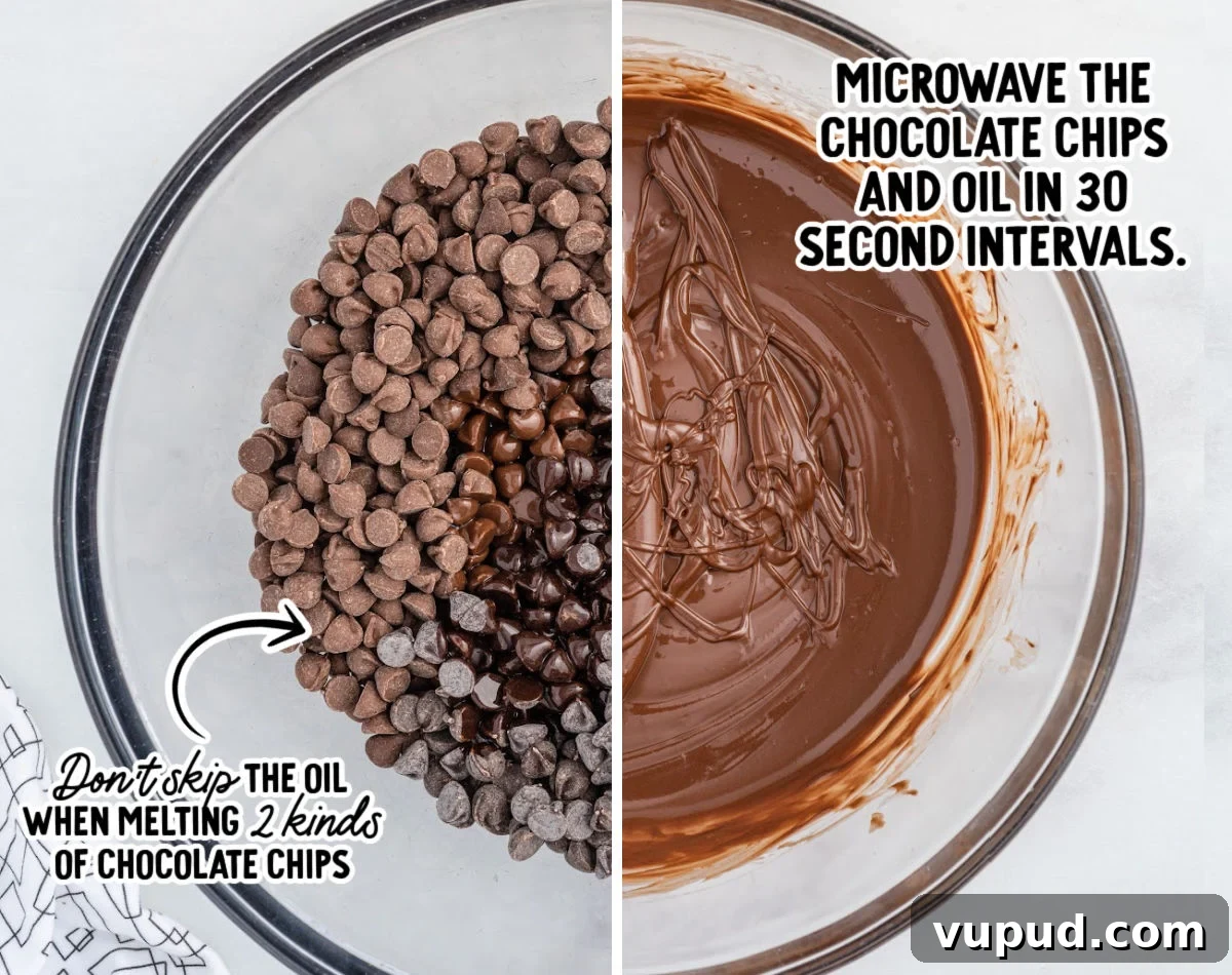 Peanut and Marshmallow Cluster Recipe: No-Bake Candy Clusters 4 A large glass bowl filled with semi-sweet and milk chocolate chips with a drizzle of vegetable oil, shown before melting on the left. On the right, the same bowl displays the chocolate fully melted and smooth after microwaving in 30-second intervals.