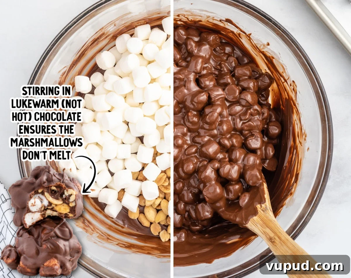 Peanut and Marshmallow Cluster Recipe: No-Bake Candy Clusters 5 A glass bowl filled with mini marshmallows and peanuts is shown on the left before mixing, with lukewarm melted chocolate partially coating the ingredients. On the right, the mixture is fully stirred, showing glossy chocolate-coated marshmallows and peanuts being folded together with a wooden spatula