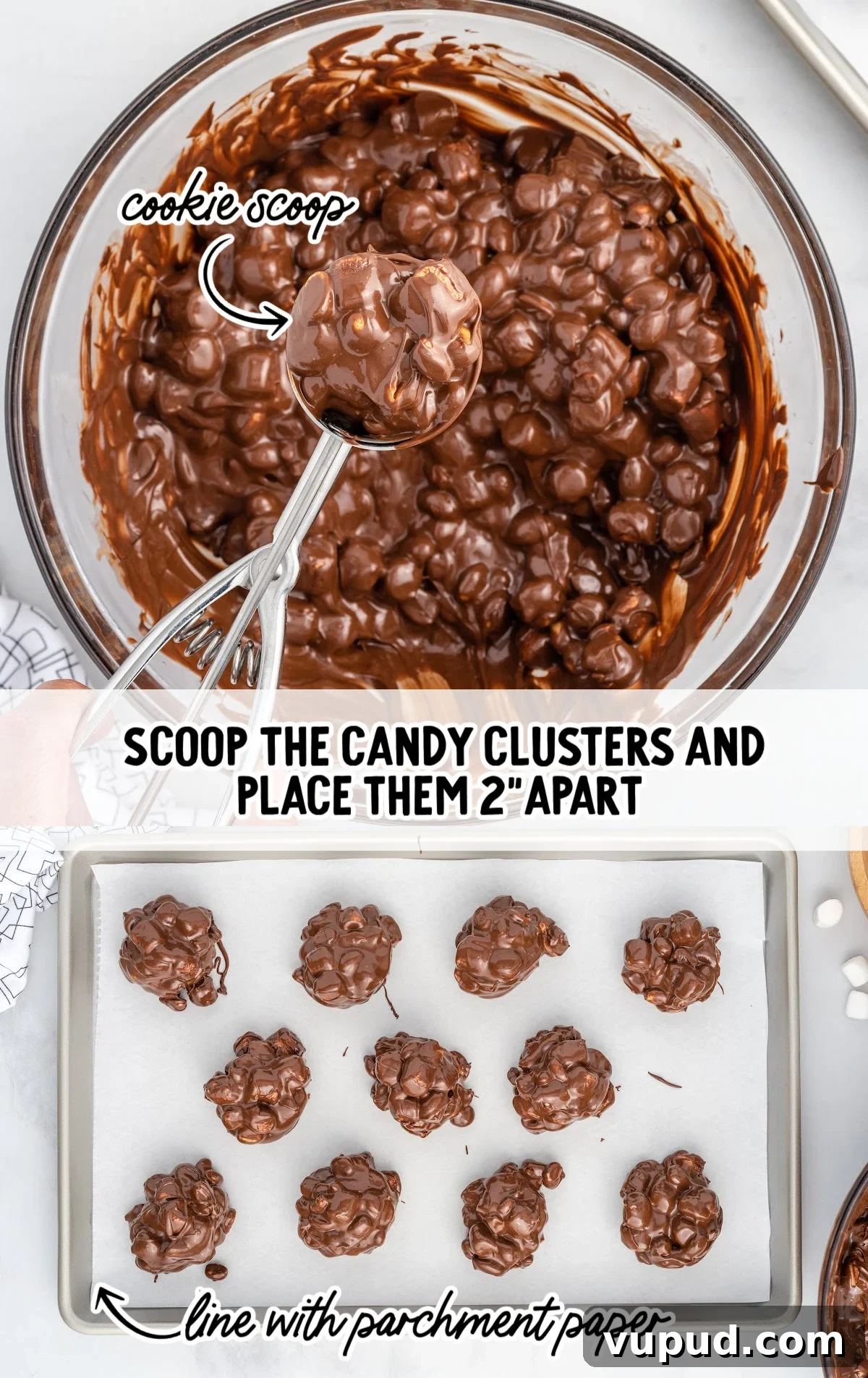 Peanut and Marshmallow Cluster Recipe: No-Bake Candy Clusters 6 A metal cookie scoop lifts a rounded ball of melted chocolate mixed with mini marshmallows and peanuts from a large glass bowl. Below, a parchment-lined baking sheet holds evenly spaced chocolate clusters, about 2 inches apart, ready to chill and set.