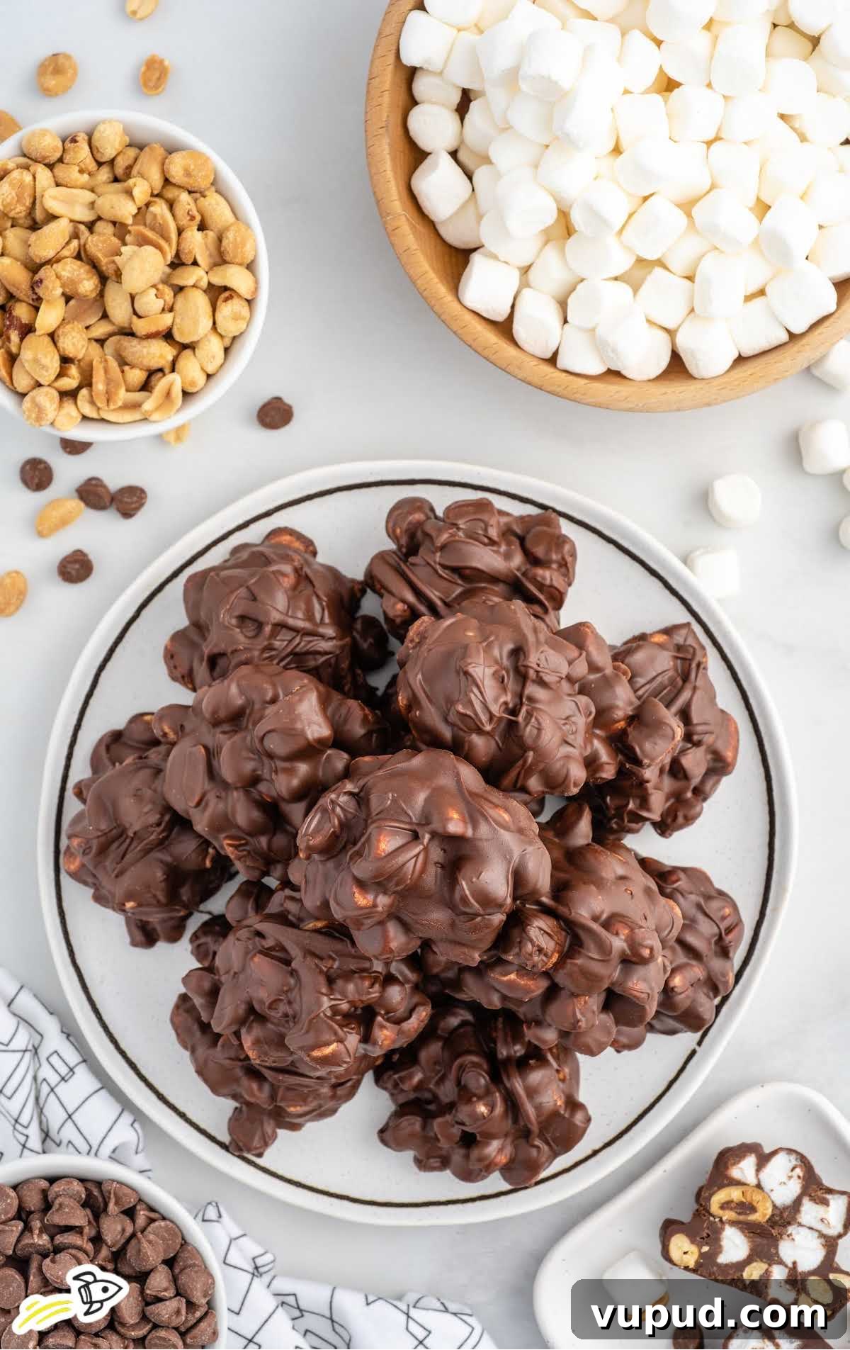 Peanut and Marshmallow Cluster Recipe: No-Bake Candy Clusters 8 overhead shot of Peanut Marshmallow Clusters on a plate