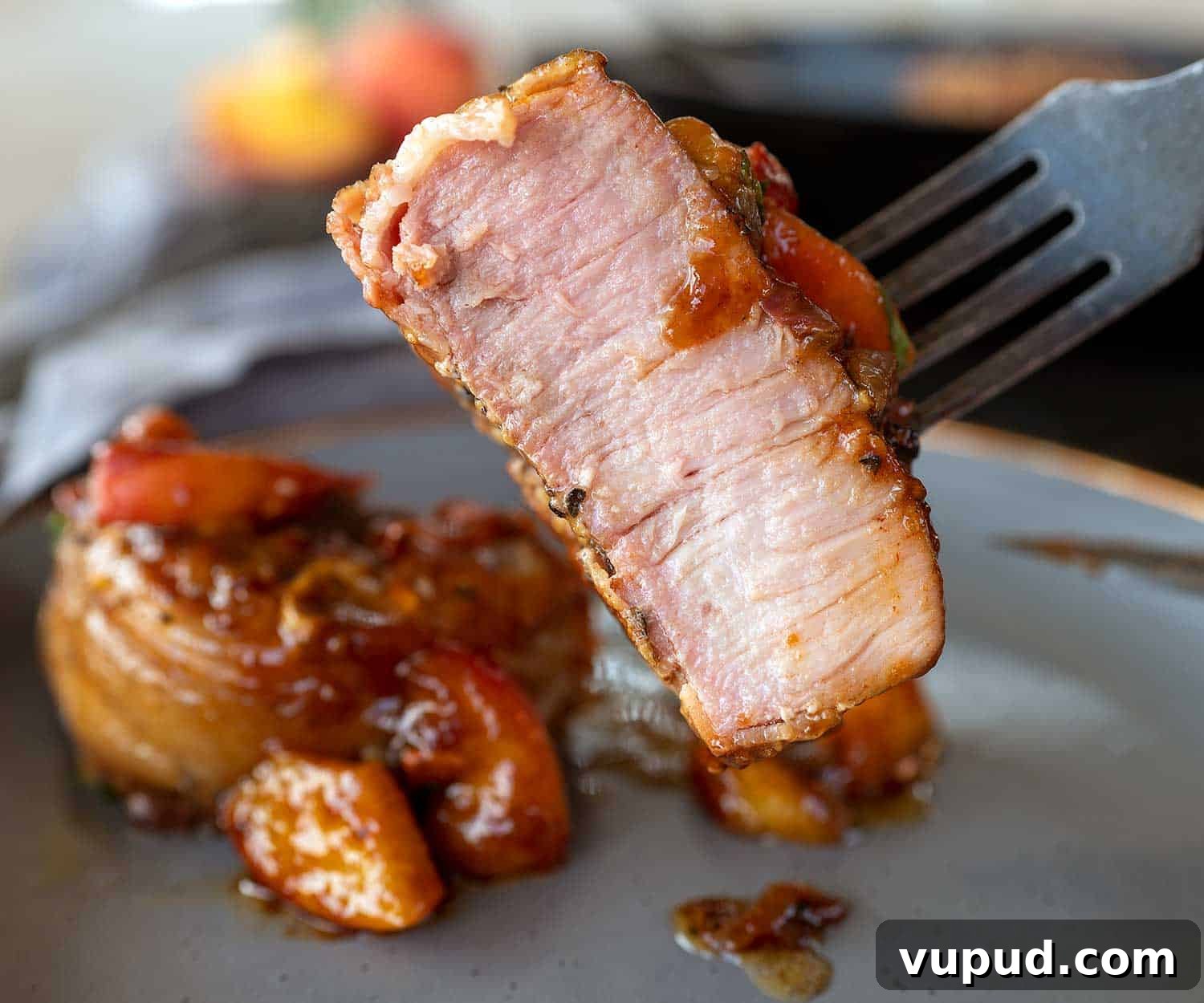 Whiskey-Peach Glazed Bacon-Wrapped Pork Loin Filets 10 juicy slice of pork loin filet.
