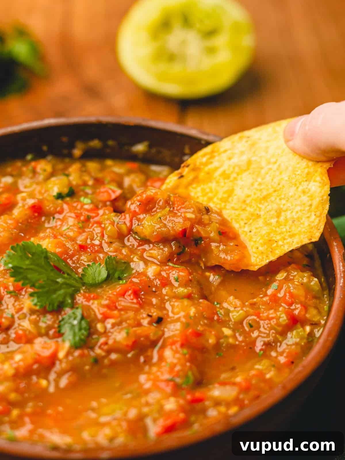 Smoky Roasted Tomato and Habanero Salsa Recipe 4 A hand dips a tortilla chip into a bowl of homemade salsa.