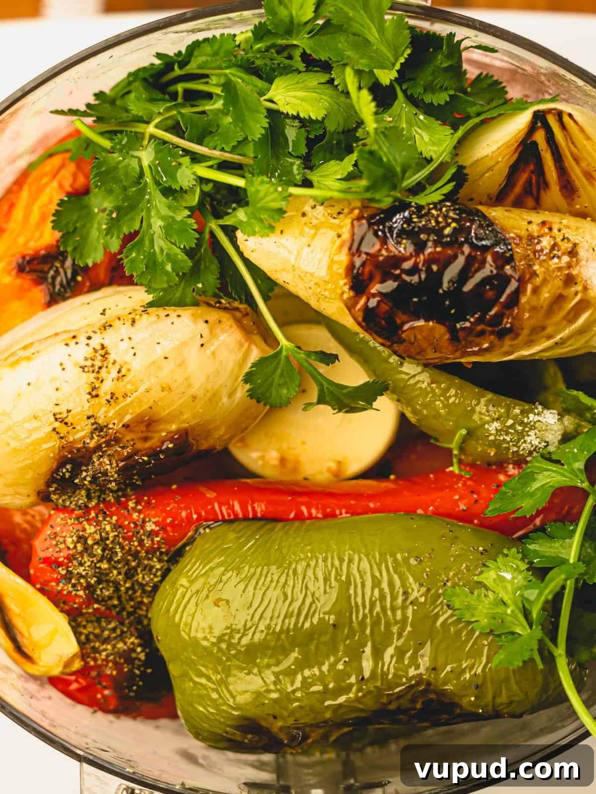 Smoky Roasted Tomato and Habanero Salsa Recipe 6 Charred vegetables in a food processor.