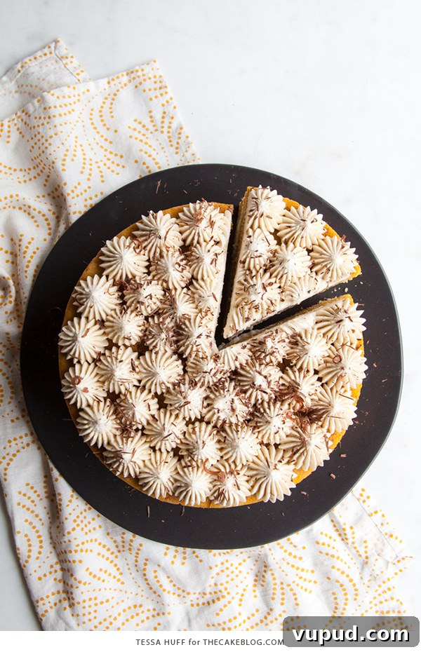 Pumpkin Tiramisu Cake Recipe — Autumn-Inspired Dessert Tutorial 5 Pumpkin Tiramisu Cake - pumpkin spice cake soaked with coffee liqueur, fluffy mascarpone frosting and chocolate shavings | Tessa Huff for TheCakeBlog.com
