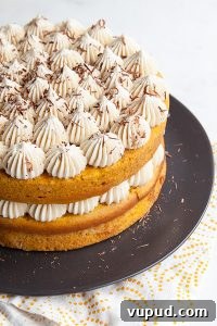 Pumpkin Tiramisu Cake - pumpkin spice cake soaked with coffee-liqueur, fluffy mascarpone frosting and chocolate shavings | Tessa Huff for TheCakeBlog.com
