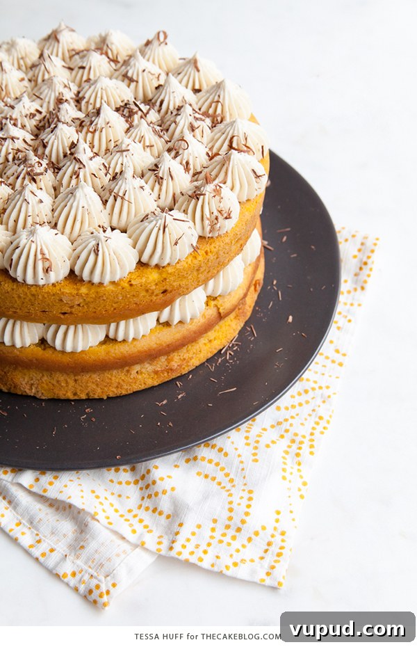 Pumpkin Tiramisu Cake Recipe — Autumn-Inspired Dessert Tutorial 8 Pumpkin Tiramisu Cake - pumpkin spice cake soaked with coffee liqueur, fluffy mascarpone frosting and chocolate shavings | Tessa Huff for TheCakeBlog.com