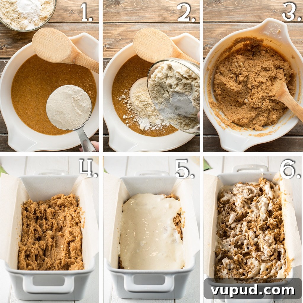 Low-Carb Spiced Pumpkin Bread Stuffed with Cheesecake 4 6 panels showing mixing ingredients and scooping into a loaf pan.
