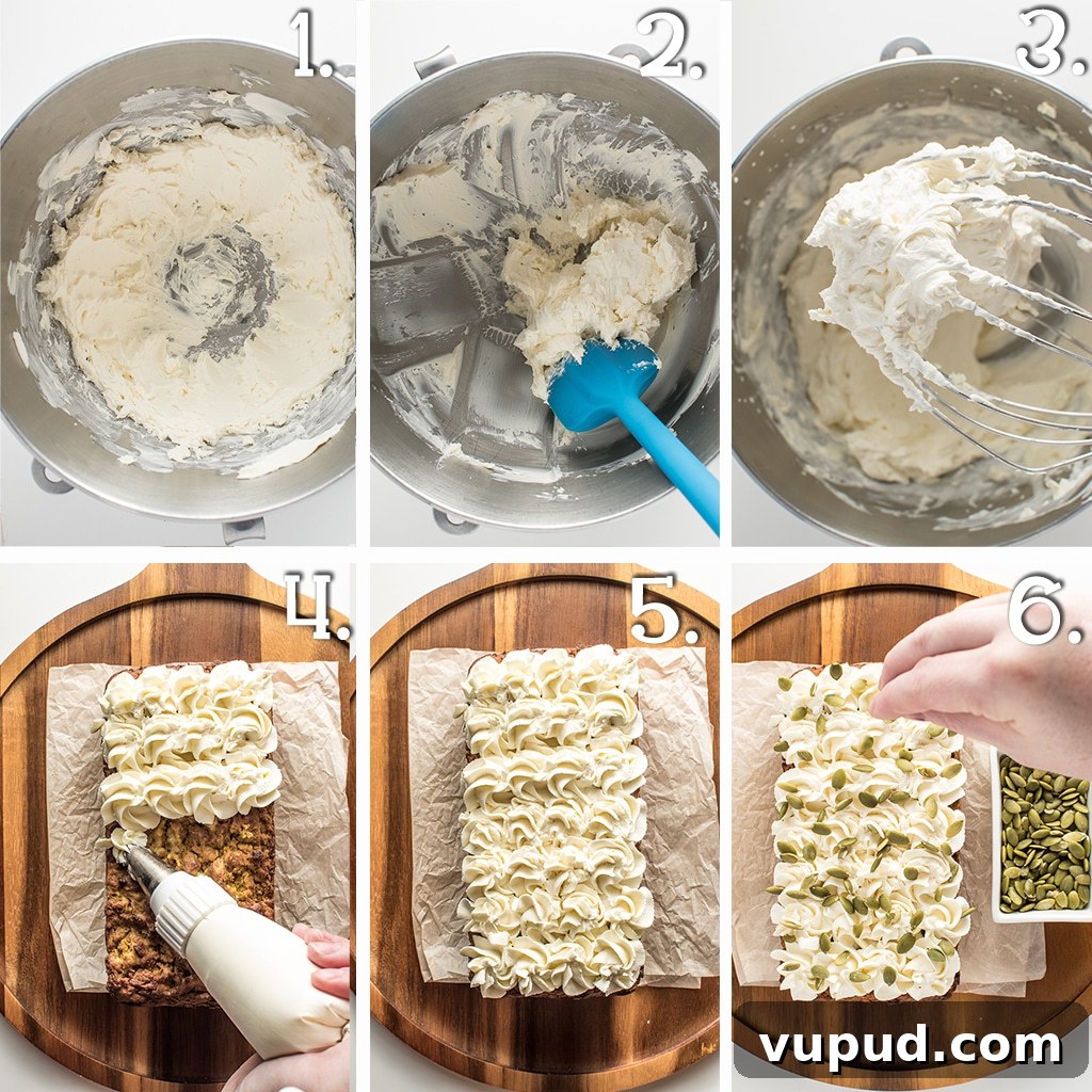 Low-Carb Spiced Pumpkin Bread Stuffed with Cheesecake 6 6 panels showing mixing frosting and decorating the keto pumpkin bread.