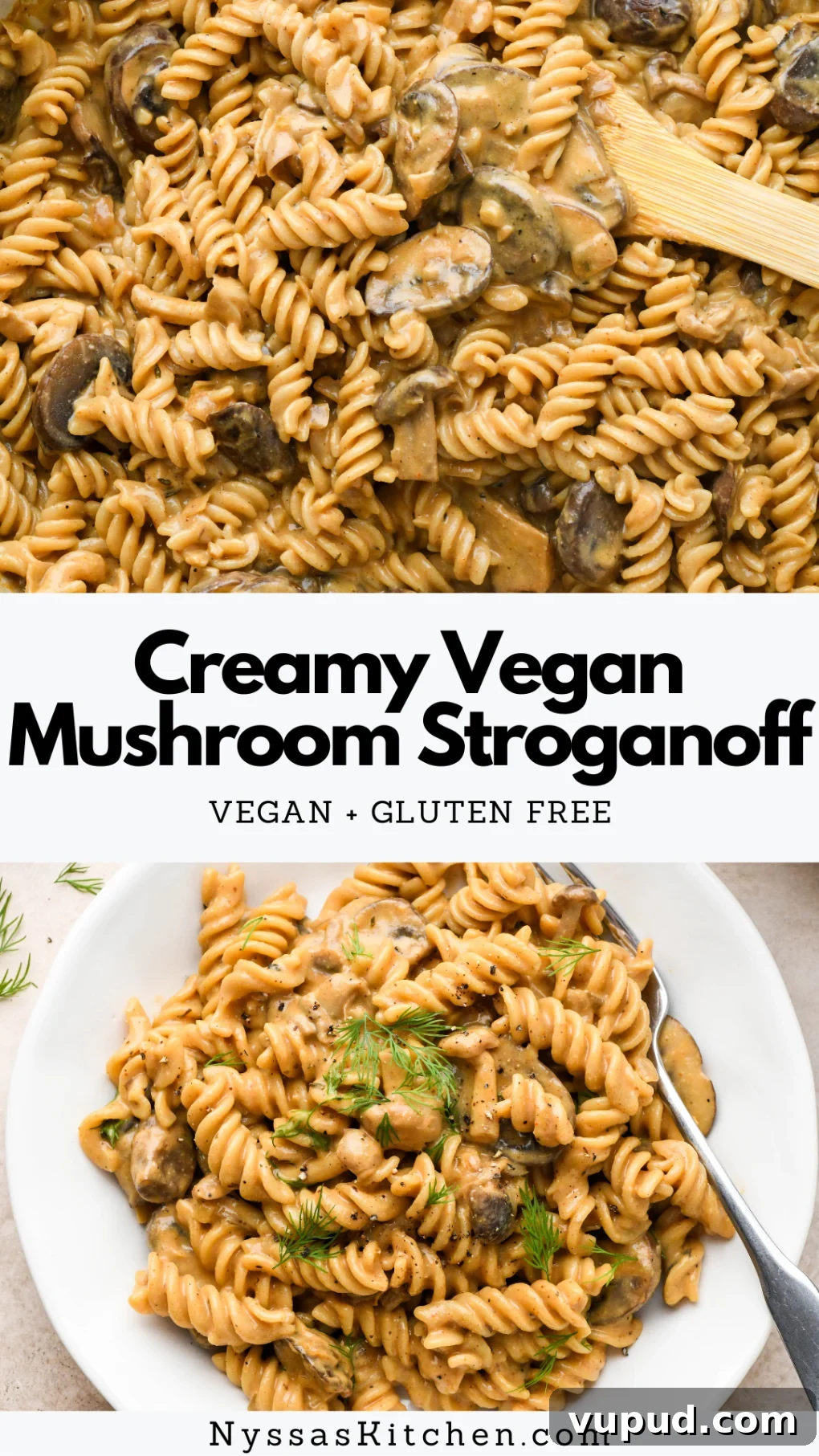 Cashew Cream Mushroom Stroganoff (Gluten-Free) 16 Pinterest Pin for Creamy Vegan Mushroom Stroganoff