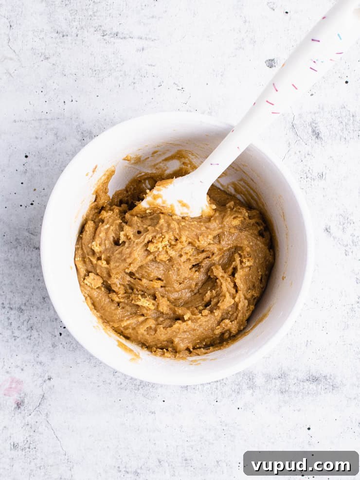 Zesty Key Lime Cookies Recipe: Tangy Citrus Cookie Delight 5 Graham cracker cookie batter in a white bowl with a white spatula sticking out of it.