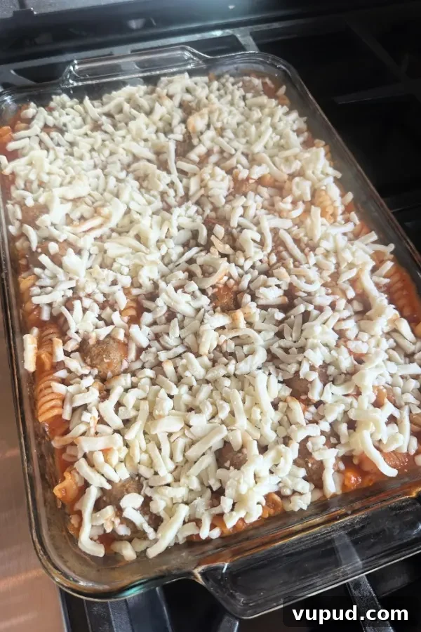 Baked Meatball Casserole One-Dish Dinner Recipe 5 mozzarella cheese topping