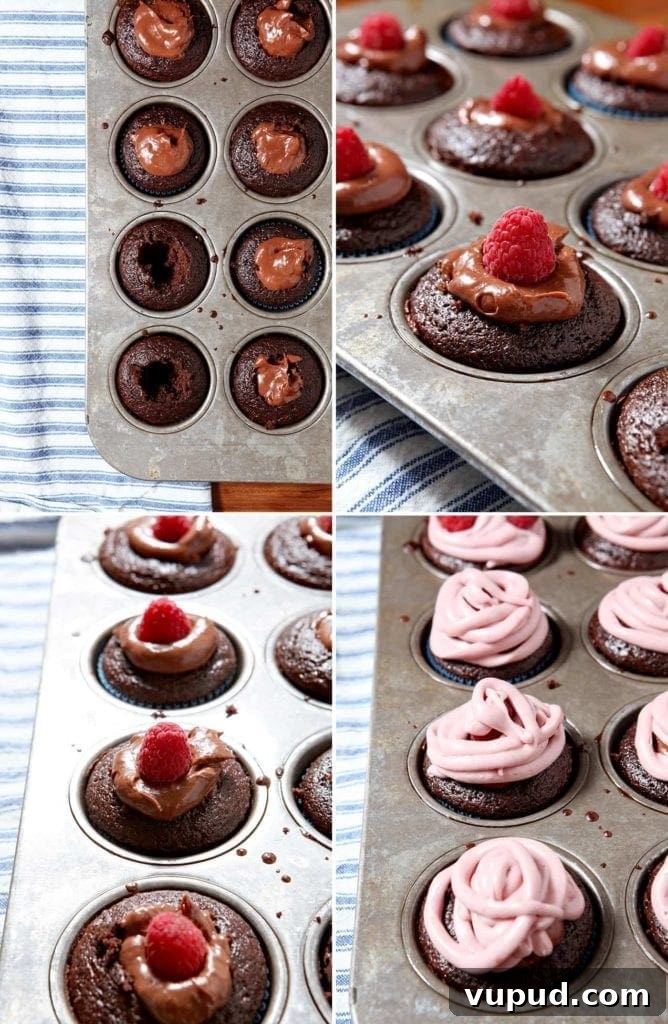 Chocolate Raspberry Cupcakes with Fresh Raspberry Buttercream 4 Collage of step by step pictures filling cupcakes with toppings