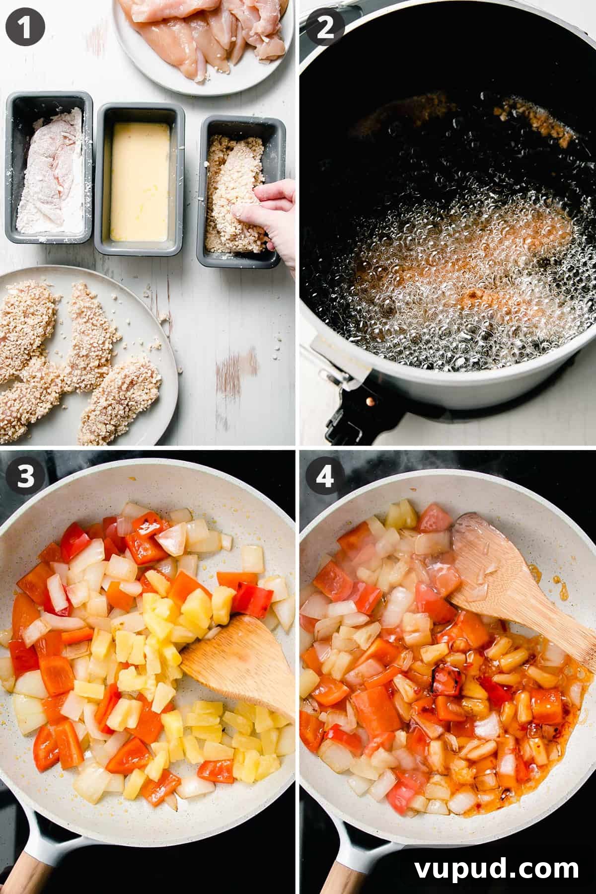Gluten-Free Sweet Fire Chicken Recipe — Panda Express Copycat 3 Collage: dipping chicken tender in breadcrumbs, chicken tender frying in oil, bell pepper, onion, and pineapple sautéing in pan, sauce added to pan is simmering.
