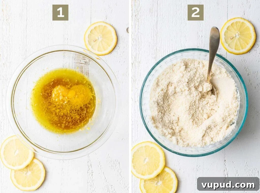 Chewy Gluten-Free Lemon Cookies (Dairy-Free Recipe) 4 Step 1 shows mixing together the wet ingredients in a small bowl. Step 2 shows combining the dry ingredients in a separate bowl.