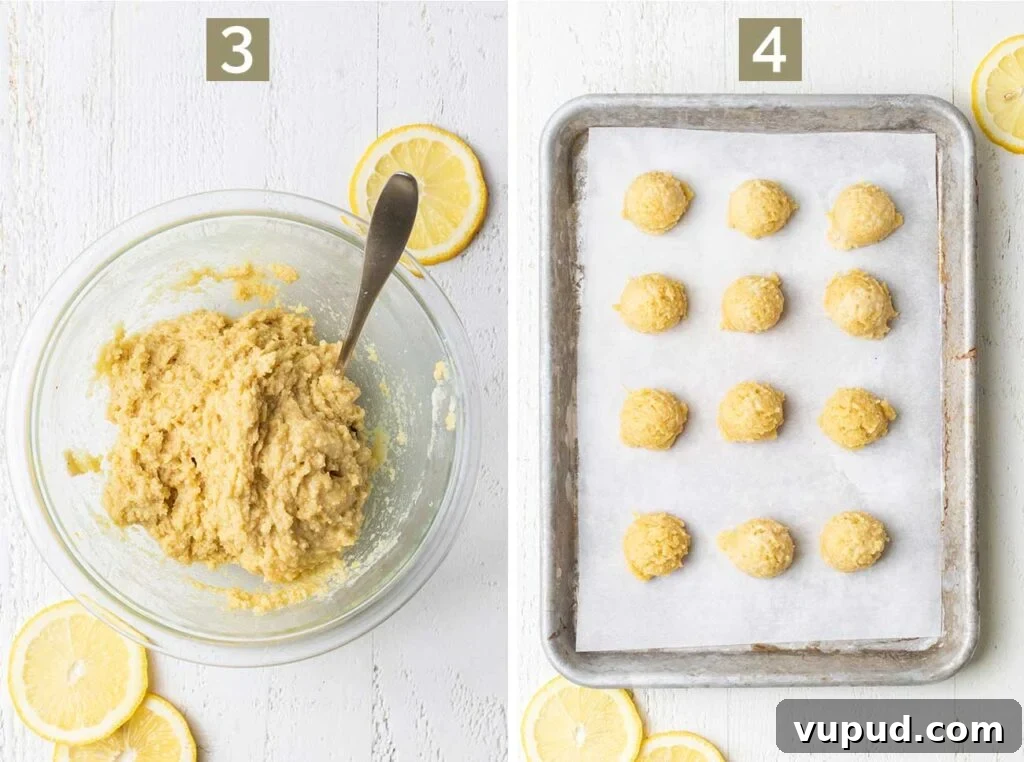 Chewy Gluten-Free Lemon Cookies (Dairy-Free Recipe) 5 Step 3 shows combining the cookie dough, and step 4 shows scooping the dough onto a prepared cookie sheet.