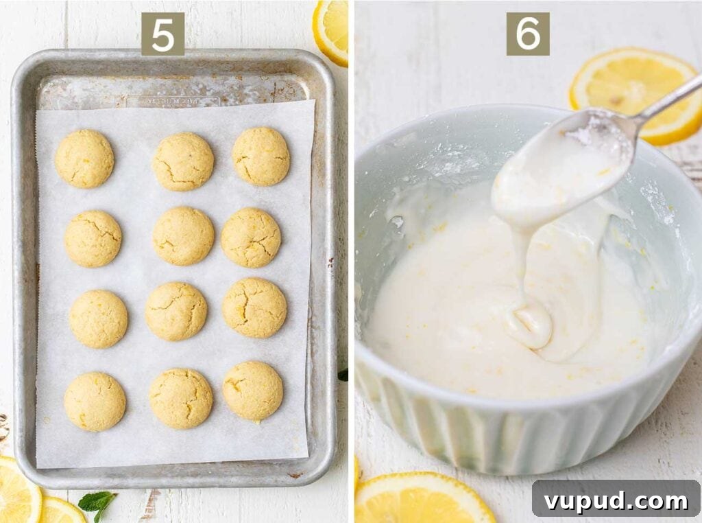 Chewy Gluten-Free Lemon Cookies (Dairy-Free Recipe) 6 Step 5 shows baking the cookies until very lightly browned, and step 6 shows making the lemon glaze.
