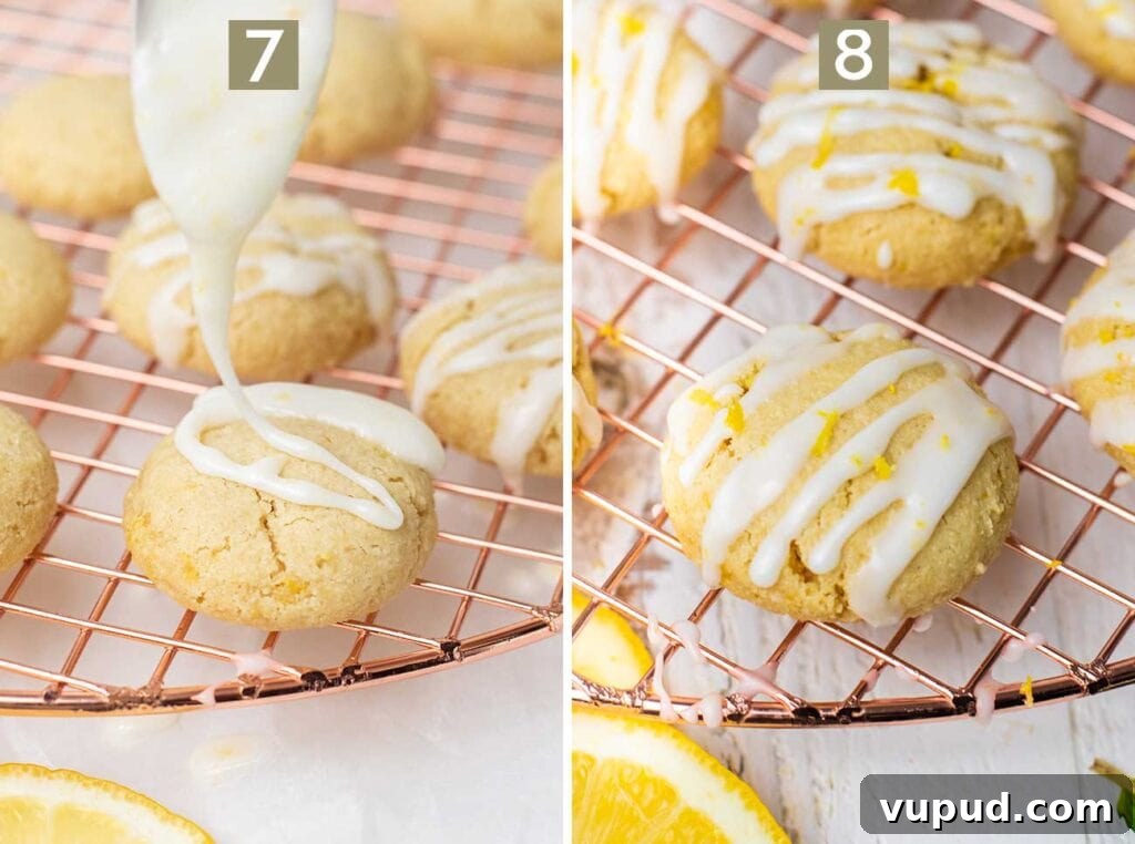 Chewy Gluten-Free Lemon Cookies (Dairy-Free Recipe) 7 Cooled cookies shown being drizzled with a glaze and topped with lemon zest.