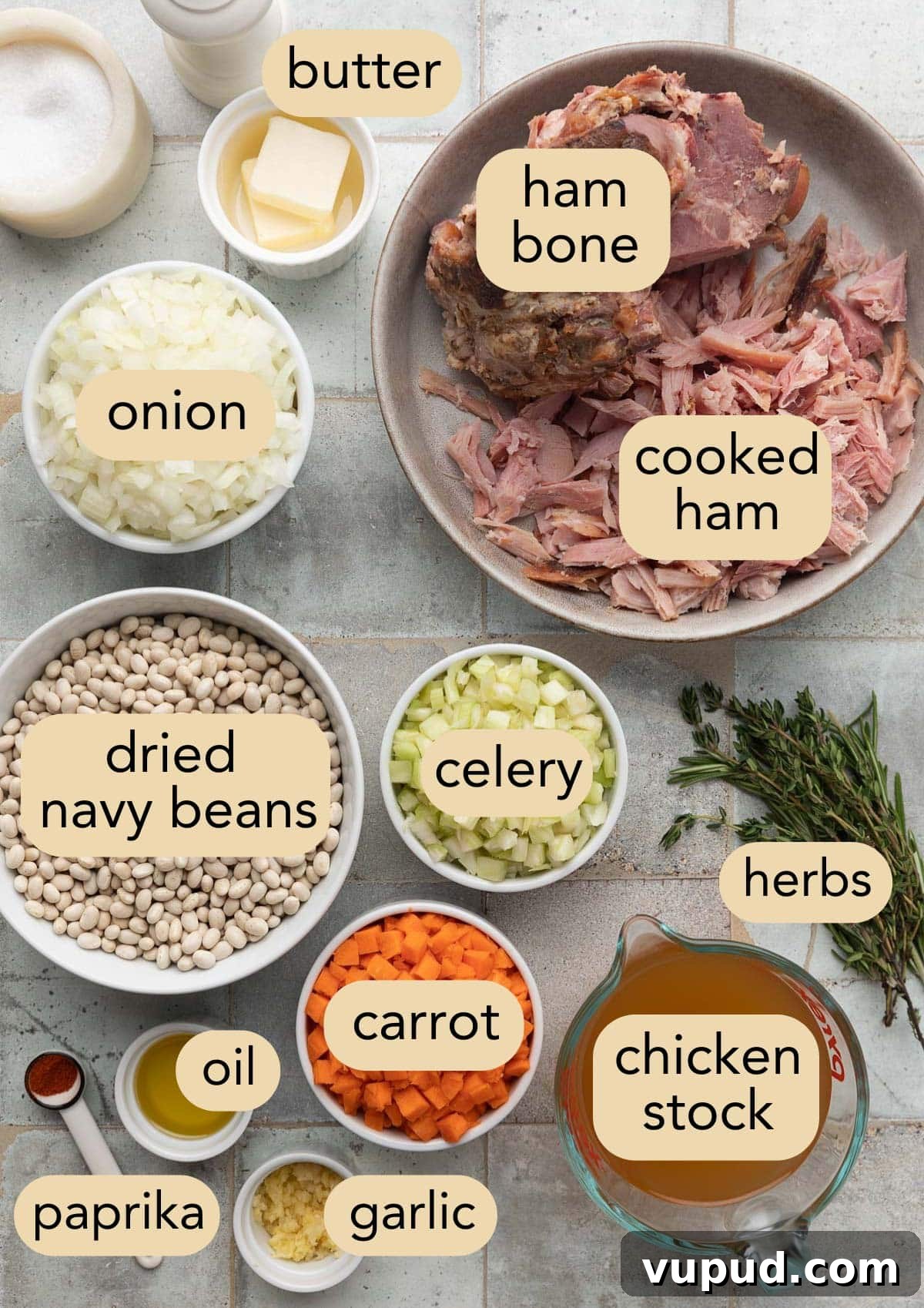 Classic Ham and Bean Soup Recipe for Comforting Weeknight Meals 3 overhead of ingredients needed to make ham and bean soup in bowls with text label overlays
