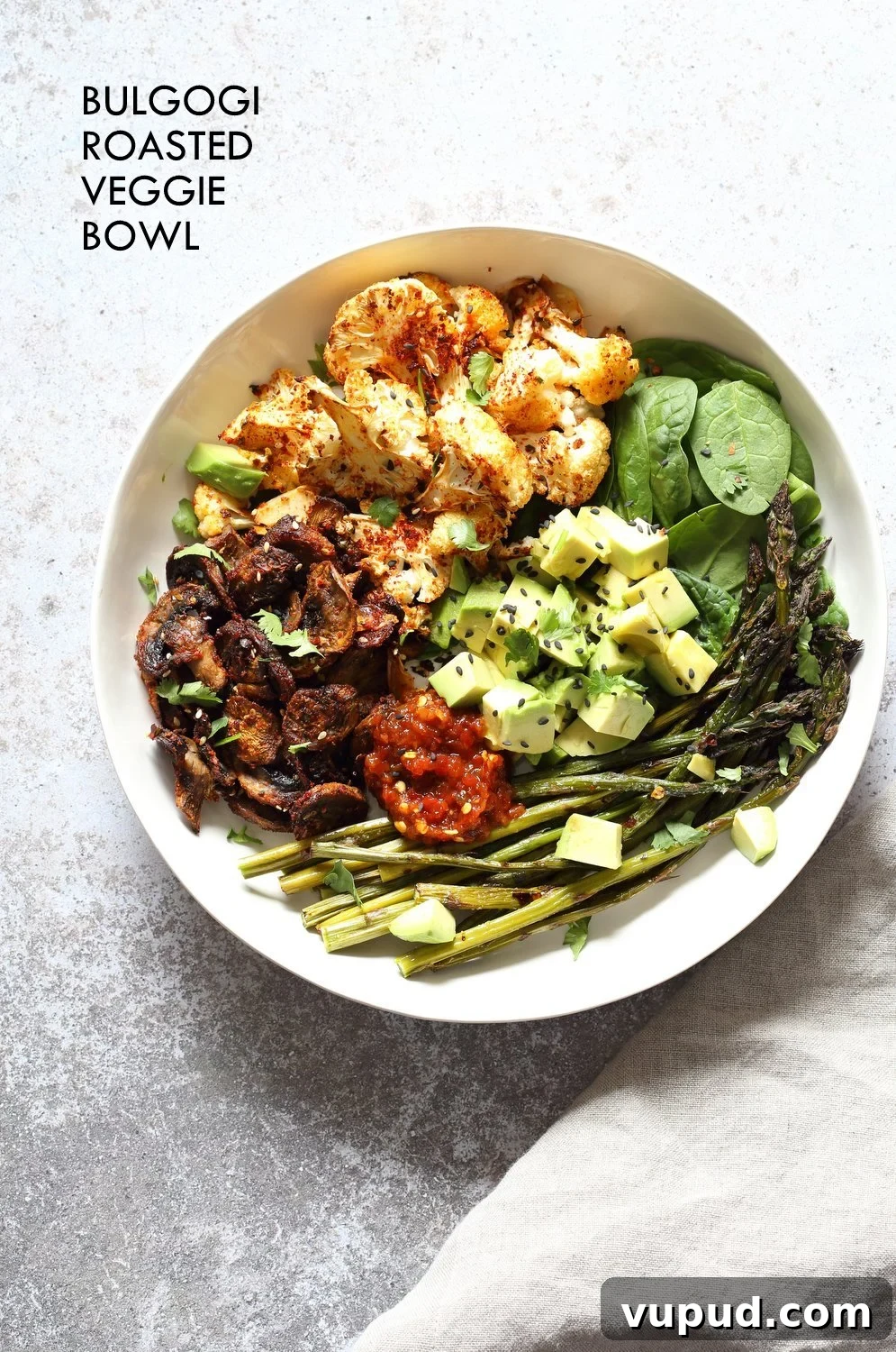 Bulgogi Roasted Spring Vegetable Bowl with Sesame Rice 2 Bulgogi Roasted Spring Veggie Bowl. Spicy, sweet Korean Gochugaru blend roasted Cauliflower Mushroom Asparagus Bowl. #Vegan #Glutenfree #Nutfree #Recipe #VeganRicha | VeganRicha.com