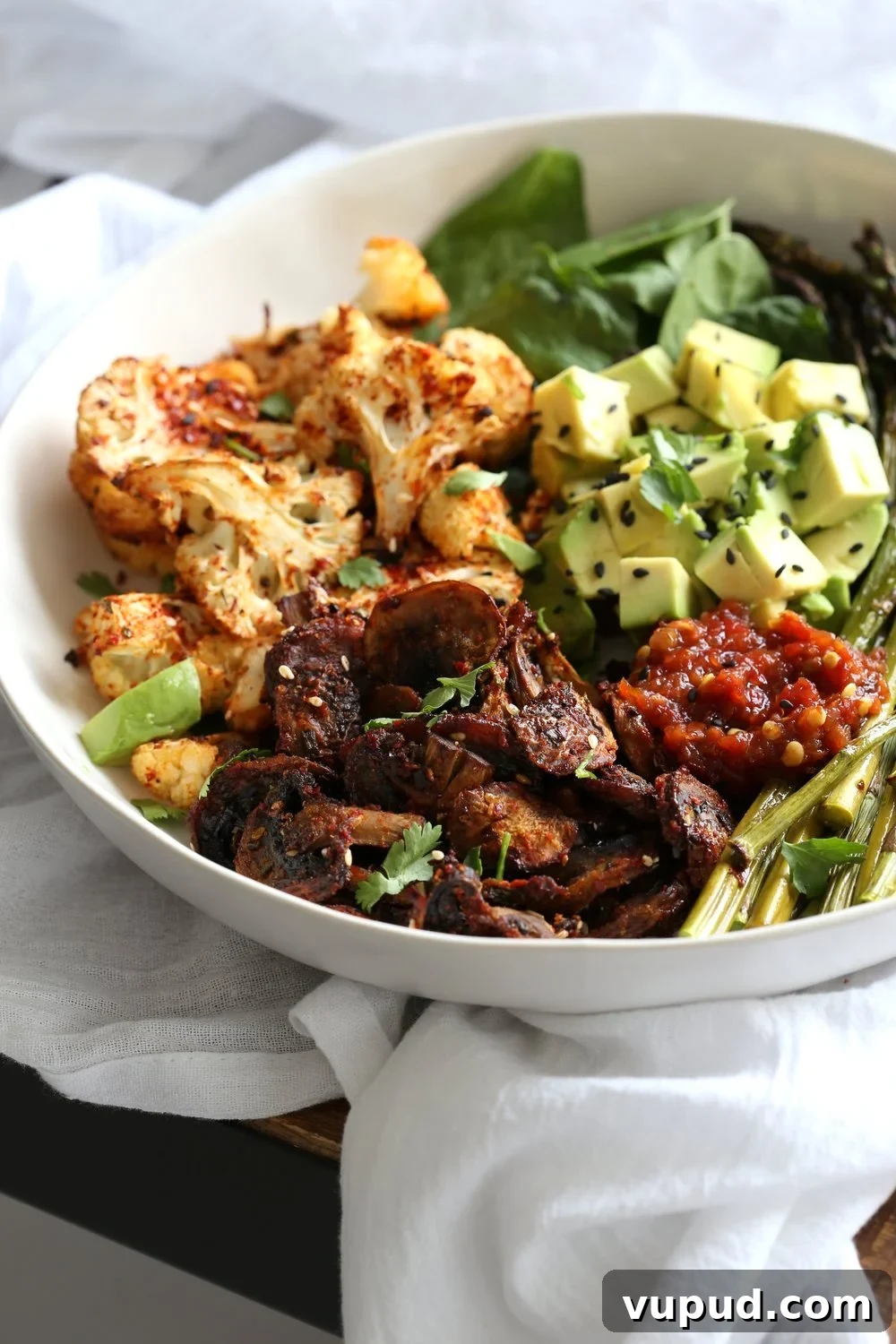 Bulgogi Roasted Spring Vegetable Bowl with Sesame Rice 3 Bulgogi Roasted Spring Veggie Bowl. Spicy, sweet Korean Gochugaru blend roasted Cauliflower Mushroom Asparagus Bowl. #Vegan #Glutenfree #Nutfree #Recipe #VeganRicha | VeganRicha.com