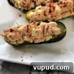 Tuna Salad Stuffed Avocado Boats for Quick Lunch 6 close up of a tuna salad boat