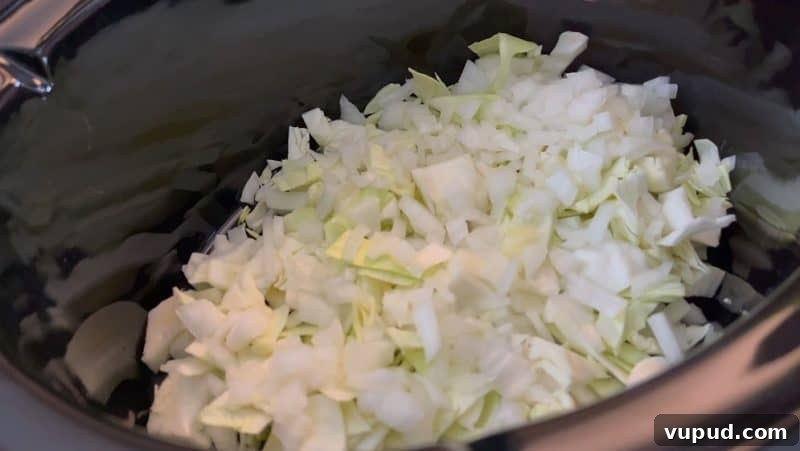 Slow Cooker Cabbage Casserole - Uses Spaghetti Sauce! Layer in cabbage and onion in crockpot