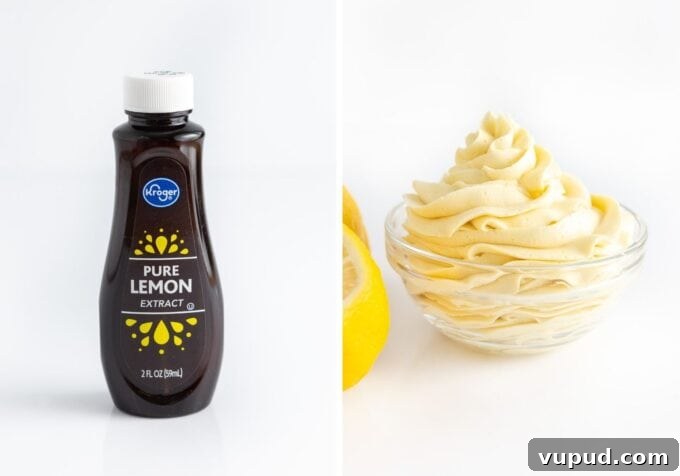 bottle of lemon extract and bowl of yellow lemon buttercream