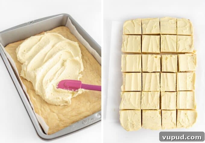 spreading lemon buttercream on pan of 9x13 lemon cookie bars and bars cut into 24 squares