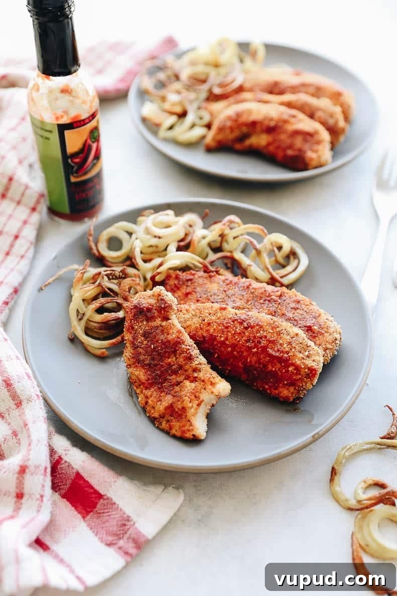 Crispy Oven-Baked Buffalo Chicken Tenders You’ll Love 2 Celebrate your inner child with these Baked Buffalo Chicken Fingers. Made with almond meal, egg and hot sauce, this is a simple recipe that you can serve for weeknight dinners or for a healthy kids meal.