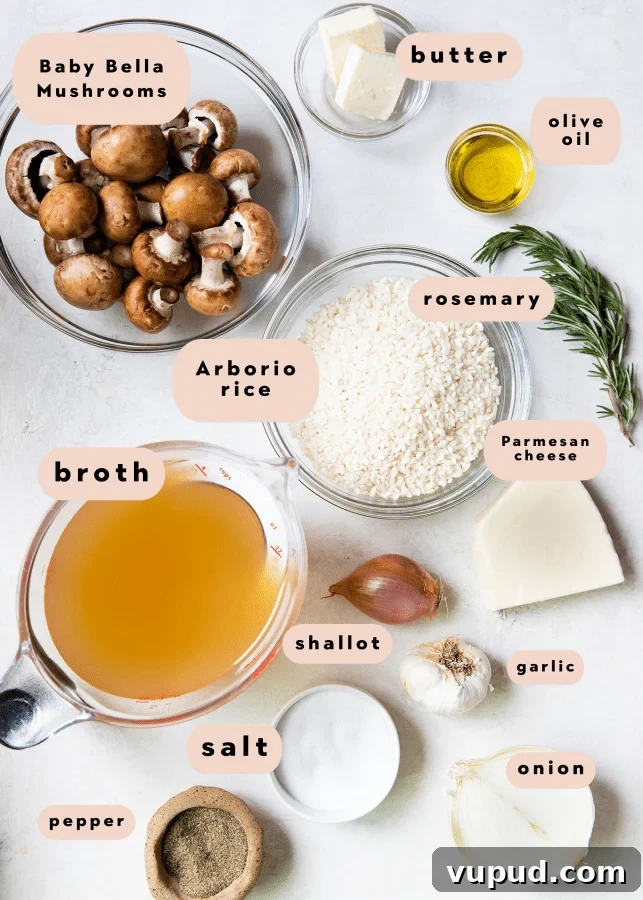 Creamy Mushroom Risotto with Rosemary and Parmesan 3 ingredients on a white board needed to make risotto with mushrooms